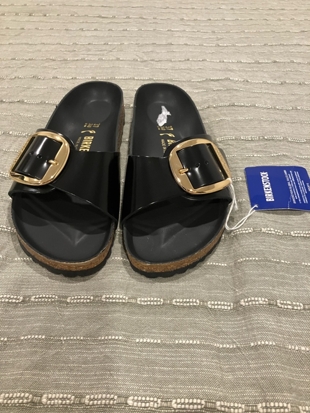Birkenstock Black Madrid Slide Sandals with Gold Buckles